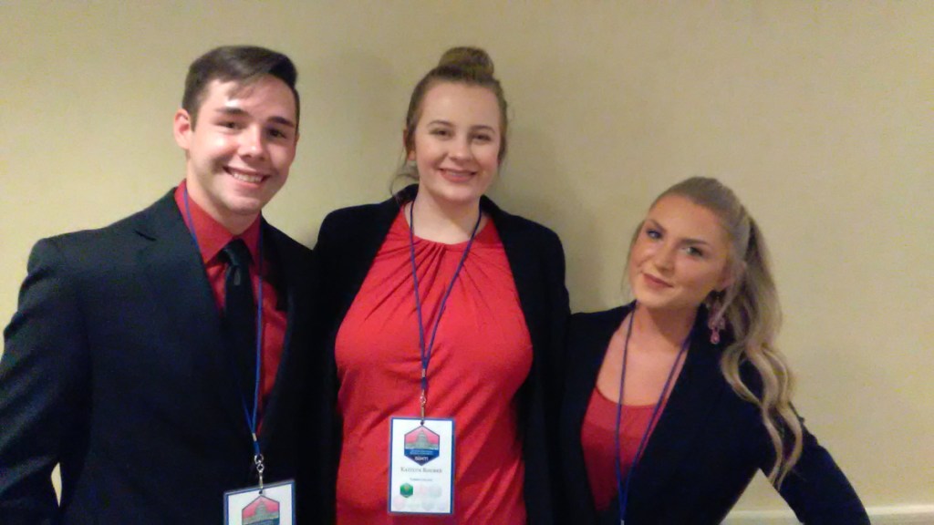 Thomas College business students recently placed third in a national competition at the Society for the Advancement of Management International Conference. From left are Landon Wilbur, Kaitlyn Rourke and Amanda Landry.