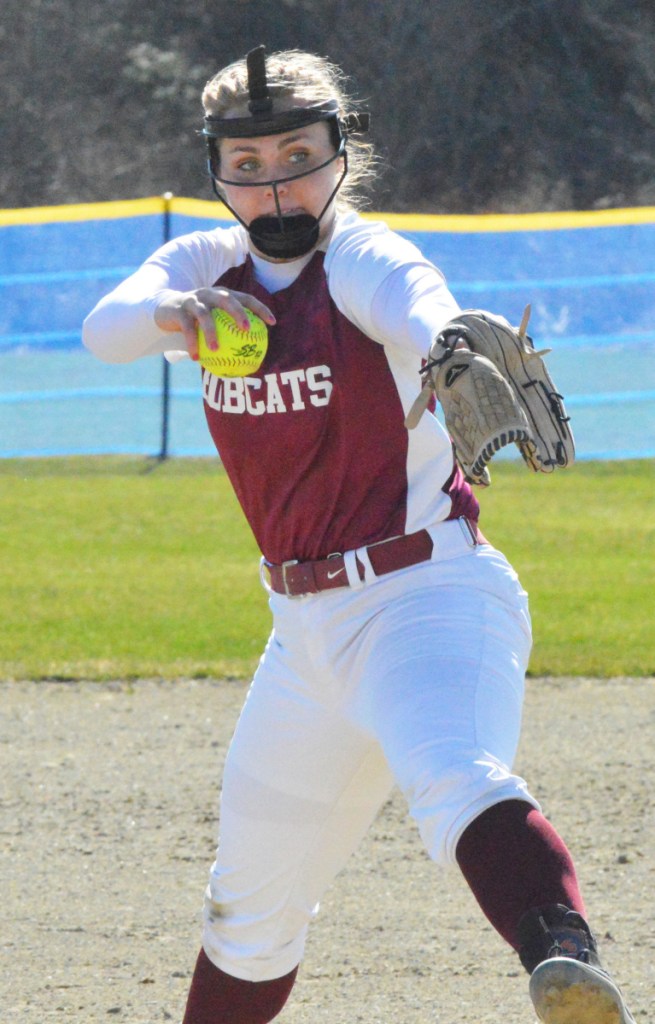Richmond pitcher Sydney Underhill-Tilton prepares to fire a pitch during a game against Rangeley on Tuesday in Richmond. Underhill-Tilton struck out 12 and allowed just one hit in a 14-0 season-opening win over the Lakers.