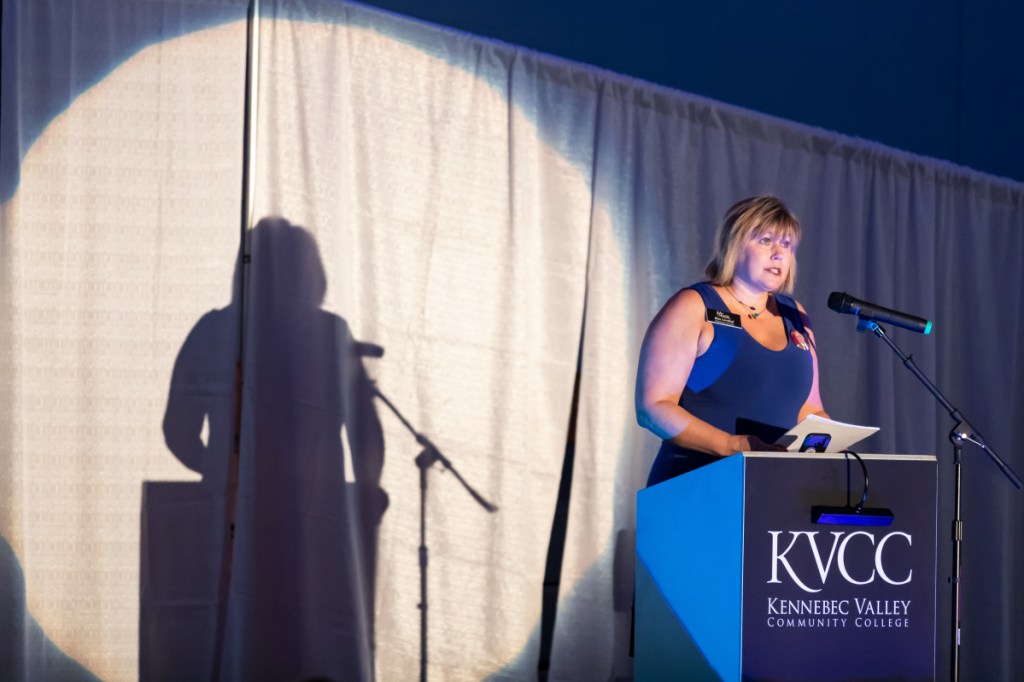 Kimberly Lindlof, president and CEO of the Mid-Maine Chamber of Commerce, welcomes the crowd of 250 attendees Thursday night at Kennebec Valley Community College during the opening of the awards ceremony in Fairfield.