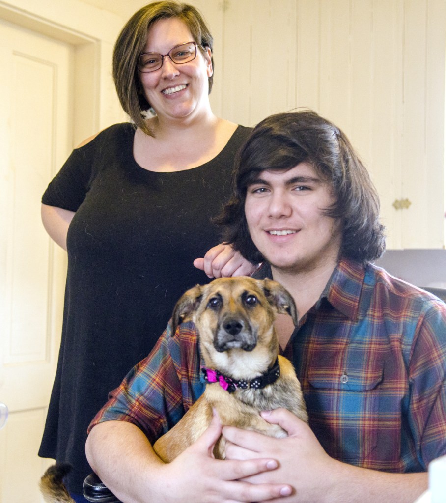 Trisha Audette, top, her son David Audette and their dog Ariana are seen Friday in Winthrop.