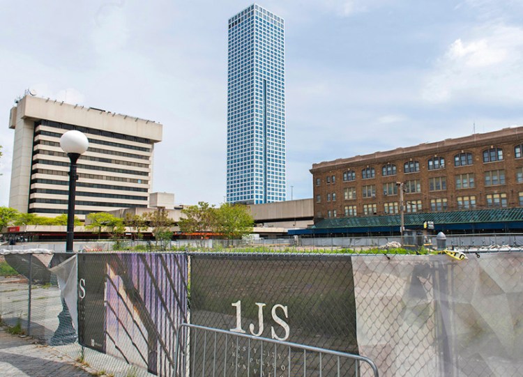 The lot where One Journal Square, a twin-tower residential building championed by Jared Kushner, was to be constructed in Jersey City. 