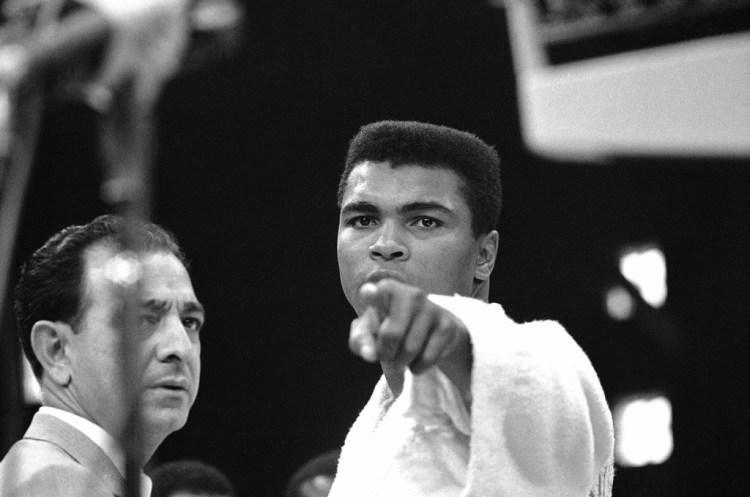 Heavyweight champion Muhammad Ali was momentarily displeased after the weigh-in ceremony on May 25, 1965, in Lewiston, Maine, when he boxed Sonny Liston. Liston weighed 215¼ pounds and Ali weighed 206. 