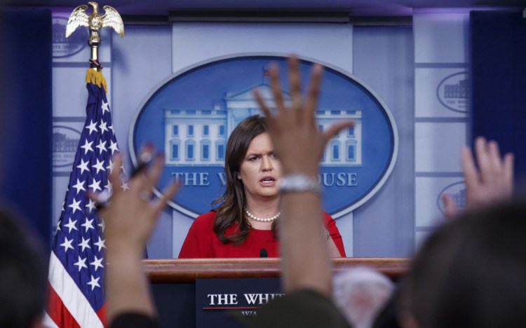 White House press secretary Sarah Huckabee Sanders speaks during the daily news briefing at the White House on Thursday.