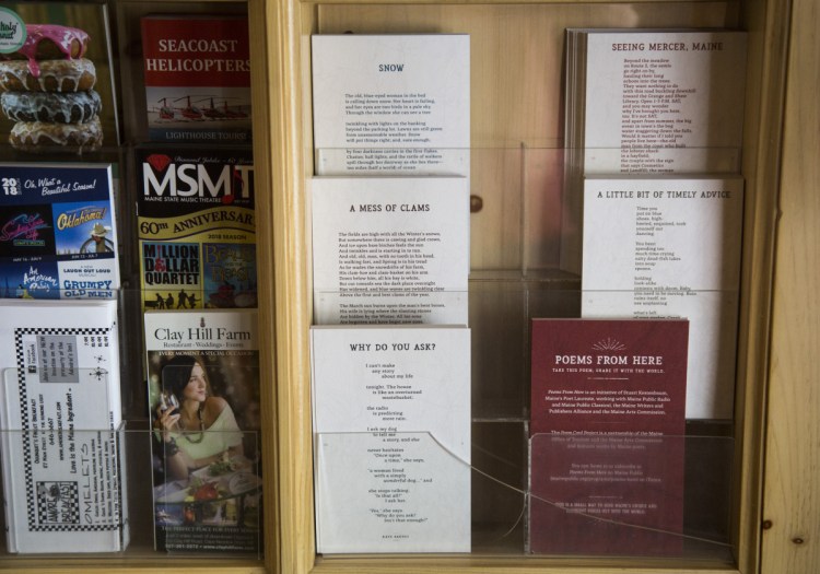 Poem cards are displayed at the Meadowmere Resort in Ogunquit as part of a project of the Office of Tourism and the Maine Arts Commission. The poems come from a collection initiated by Stuart Kestenbaum, Maine's poet laureate.