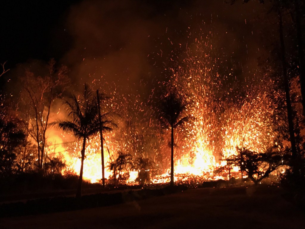 A new fissure erupted near two older ones, beginning with small lava spattering at about 8:44 p.m. on Sunday. By 9 p.m., lava fountains as high as about 230 feet were erupting from the fissure.