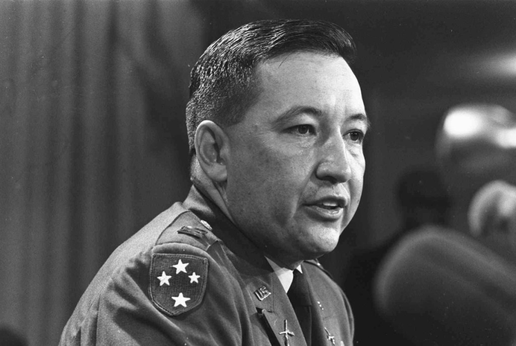 U.S. Army Capt. Ernest Medina, a key figure in the 1968 My Lai massacre during the Vietnam war, speaks at a news conference at the Pentagon in 1969. Medina died on May 8 according to an obituary written by his family. He was 81.