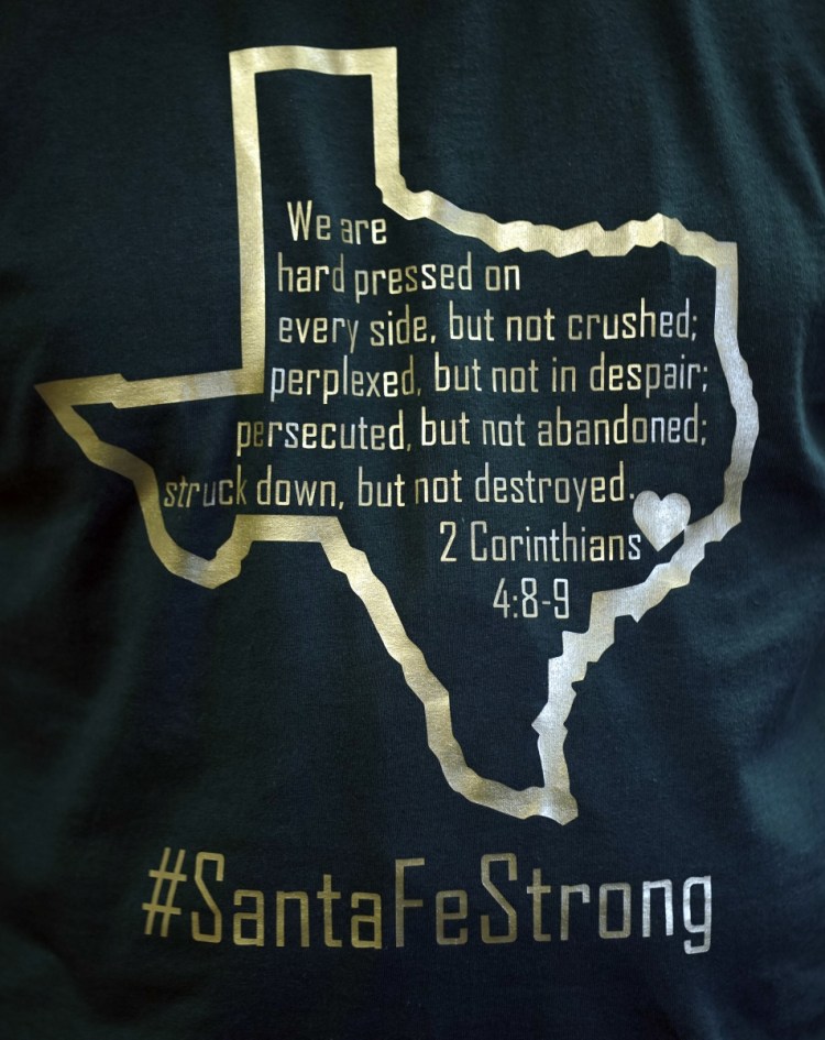Dayspring Church Senior Pastor Brad Drake wears a shirt in support of school shooting victims Sunday in Santa Fe, Texas. 