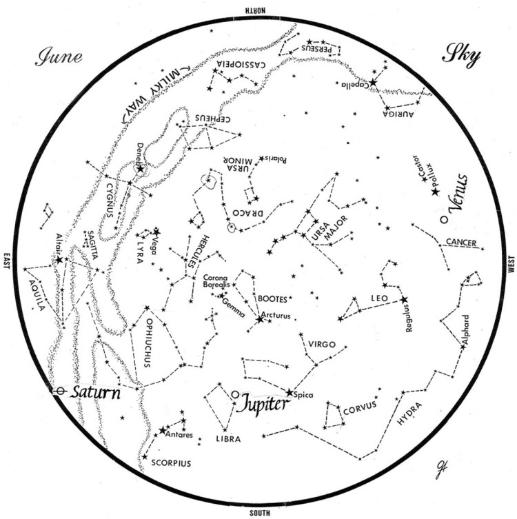SKY GUIDE: This chart represents the sky as it appears over Maine in June. The stars are shown as they appear at 10:30 p.m. early in the month, at 9:30 p.m. at midmonth and 8:30 p.m. at month's end. Saturn, Jupiter and Venus are shown at their midmonth positions.  To use the map, hold it vertically and turn it so that the direction you face is at the bottom.