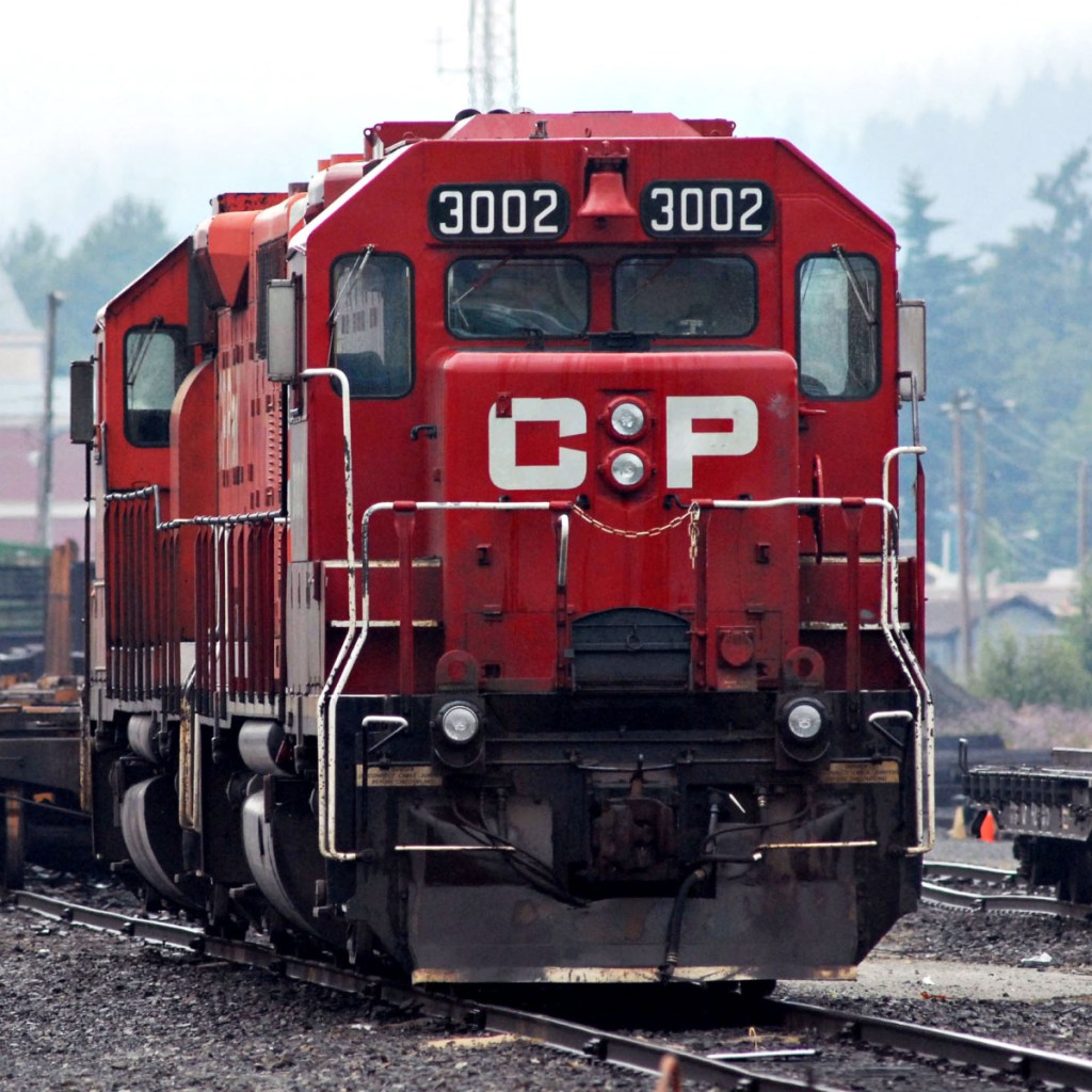 A Canadian Pacific Railway engine sits in a railyard in Port Coquitlam, British Columbia, Canada.