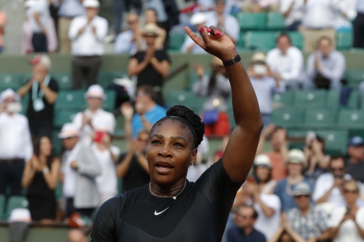 Serena Williams celebrates after defeating Kristyna Pliskova of the Czech Republic at the French Open at Roland Garros in Paris.