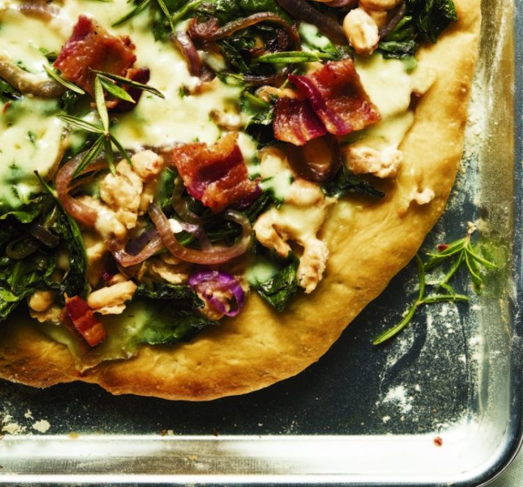 White Bean, Spinach and Bacon Pizza is a mostly healthy and entirely delicious choice, helped by plenty of garlic and fresh rosemary.