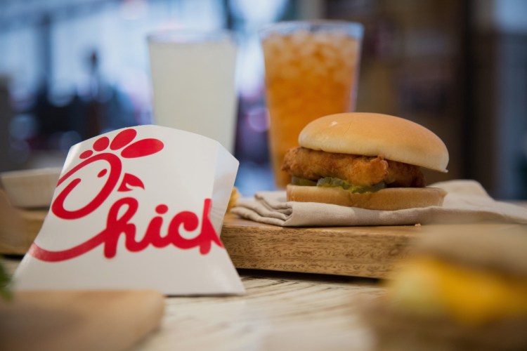 French fries and a fried chicken sandwich are shown at a Chick-fil-A restaurant in New York in 2015.