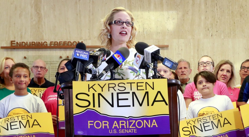 U.S. Rep. Kyrsten Sinema, D-Ariz. speaks prior to delivering her candidate petitions to the Arizona Secretary of State's office Tuesday at the Capitol in Phoenix.