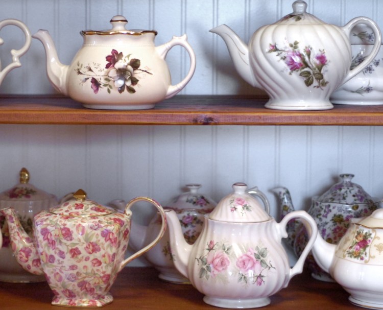 Teapots line the shelves at Jacqueline’s Tearoom in Freeport. Owner Jacqueline Soley has  put her tearoom up for sale and she said she’ll likely continue to sell her teas online.