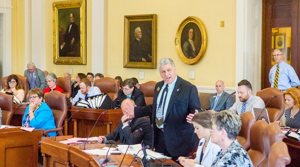 Sen. Scott Cyrway, R-Albion, speaks against overriding the governor's veto of the adult-use marijuana bill, on Wednesday during debate in the Senate at the Maine State House in Augusta. The Senate voted to override the veto.