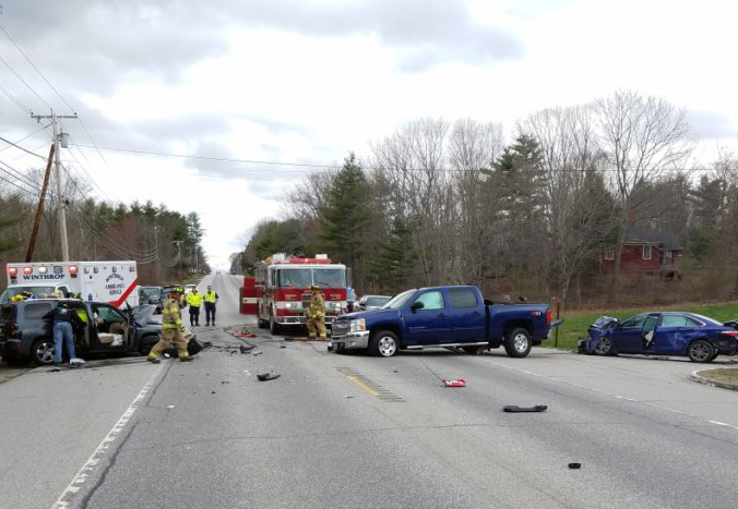 A Lewiston woman was badly injured after a three-car crash on U.S. Route 202 in East Winthrop on the afternoon of Monday. 