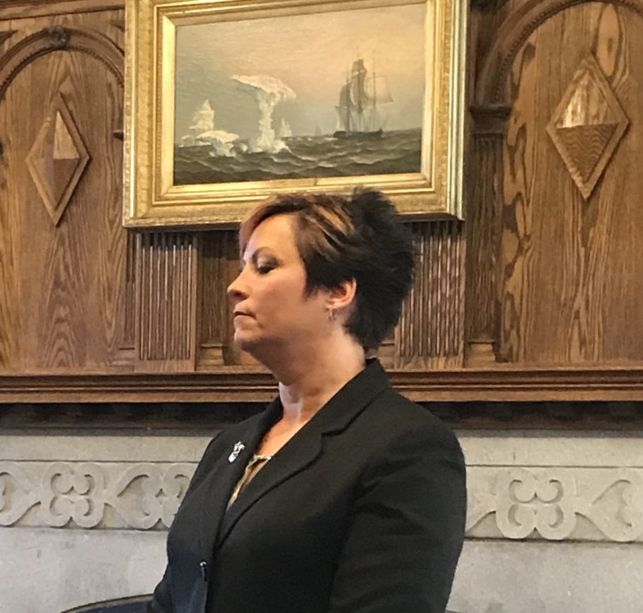 Christine Landes, who has worked as town manager in Bethel for nearly four years, speaks Monday with Gardiner officials as part of an interview process for the city manager position.