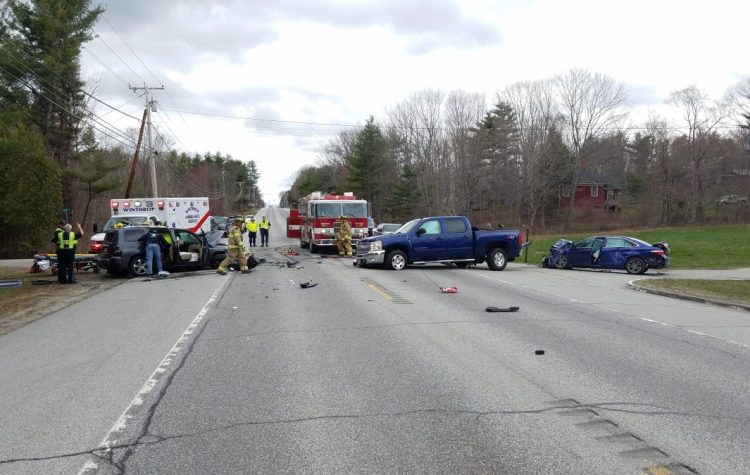 A Lewiston woman was badly injured after a three-car crash on U.S. Route 202 in East Winthrop on the afternoon of Monday.