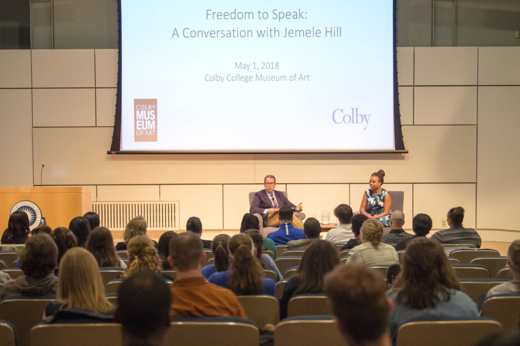 Justin McCann talks with ESPN's Jemele Hill during "Freedom to Speak: A Conversation with Jemele Hill on Athletics and Activism" at Ostrove Auditorium at Colby College on Tuesday.