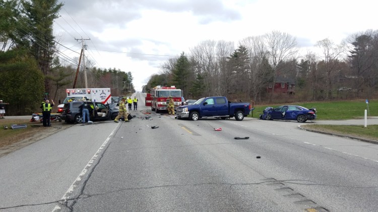 A Lewiston woman was badly injured Monday afternoon in a three-car crash on U.S. Route 202 in East Winthrop.