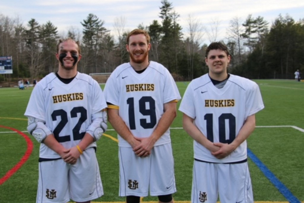 From left, University of Southern Maine men's lacrosse players Seth Wing, Zach Bessette and Nate DelGiudice.