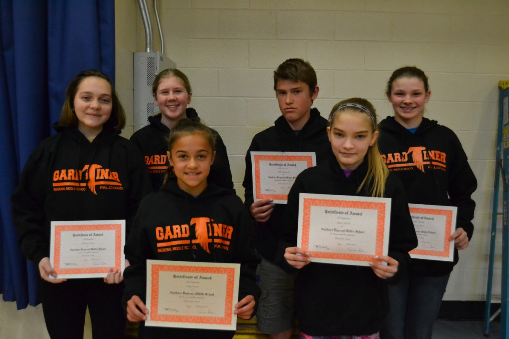 Gardiner Regional Middle School has announced its third quarter Falcon of the Month students. In front, from left, are Emily Grover and Dayna Vasoll. In back, from left, are Mackenzie Chaput, Dakota Lovely, Wylie Weymouth and Lorelei Mason.