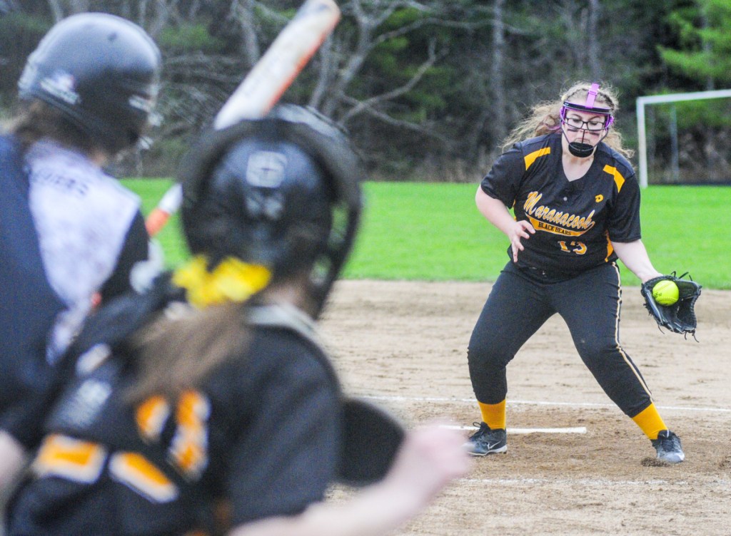 Maranacook pitcher Natalie Costa fields a comebacker from Winslow's Alexa Petrovic and made the throw to get her out at first during a game Friday in Readfield.