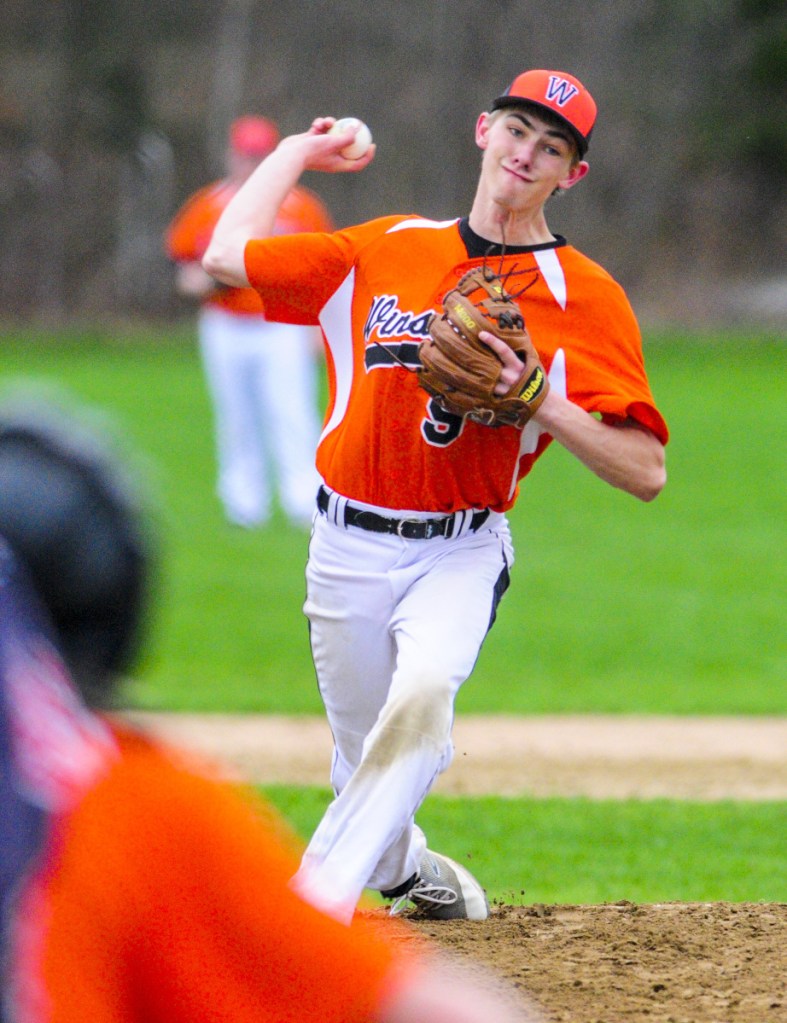 Winslow pitcher Ethan LaChance throws to a Maranacook batter during a game Friday in Readfield.