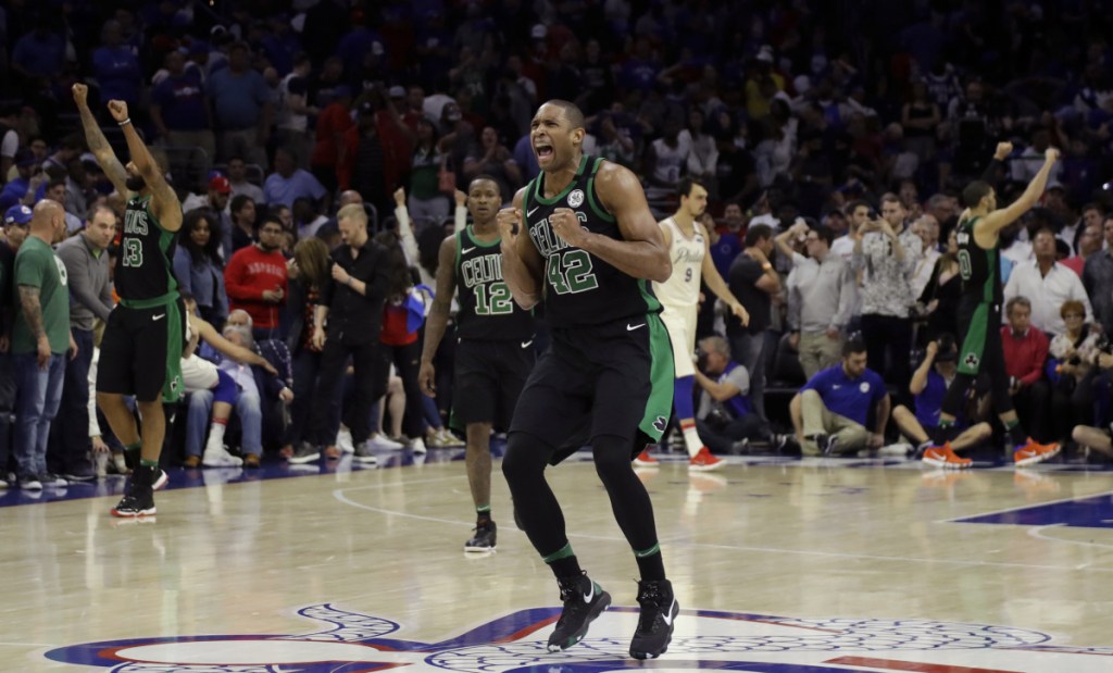 Boston's Al Horford celebrates after winning Game 3 of a second-round playoff series against the Philadelphia 76ers on Saturday in Philadelphia.