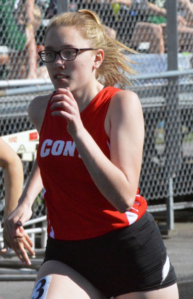 Cony's Hannah Lee runs the 100 meter dash during a Kennebec Valley Athletic Conference meet Monday.