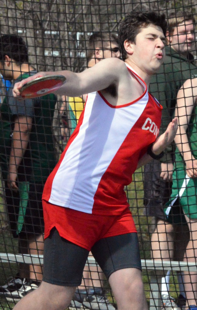 Cony's Gage Bernstein throws the discus during a KVAC meet Monday.