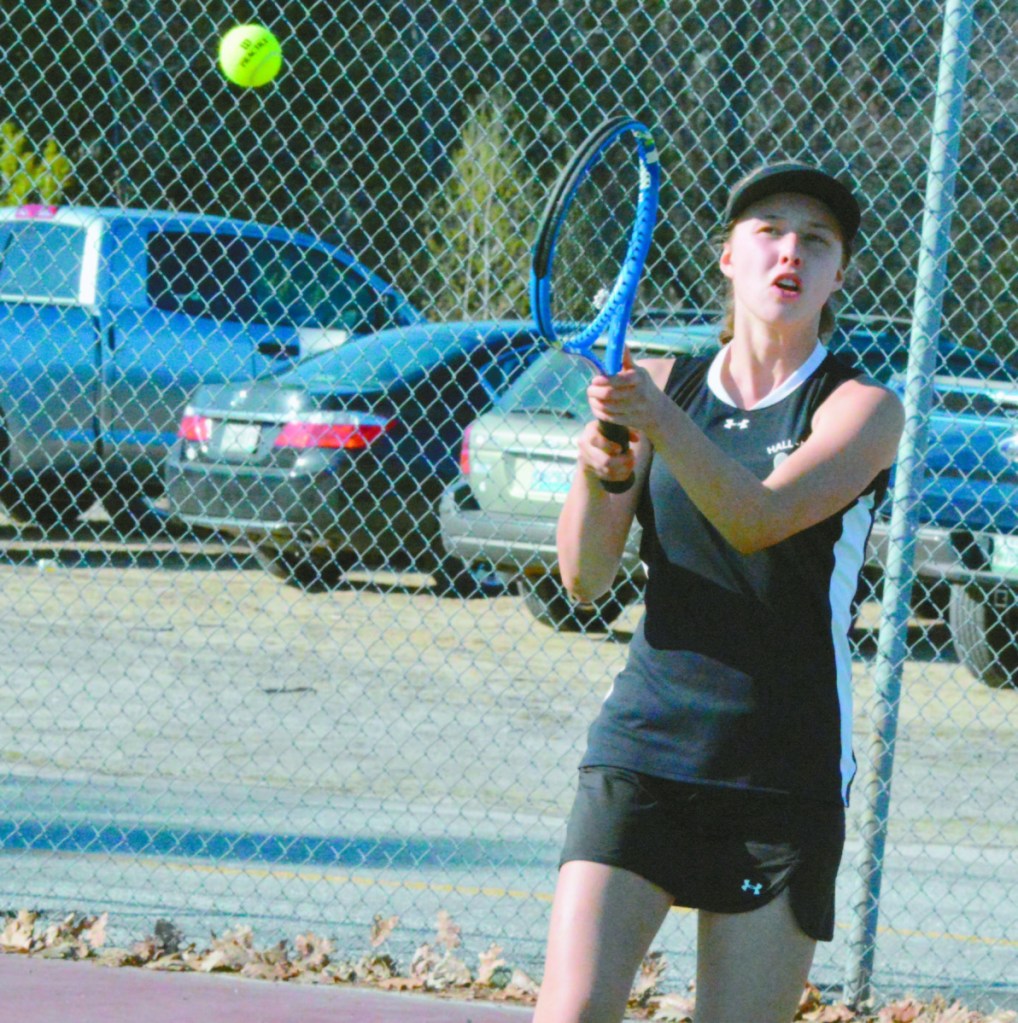 Hall-Dale's Naomi Lynch returns a shot during a match against Lisbon's Caitlyn Hall on Wednesday. Lynch won her match 10-2 to help lead Hall-Dale to a 5-0 win.