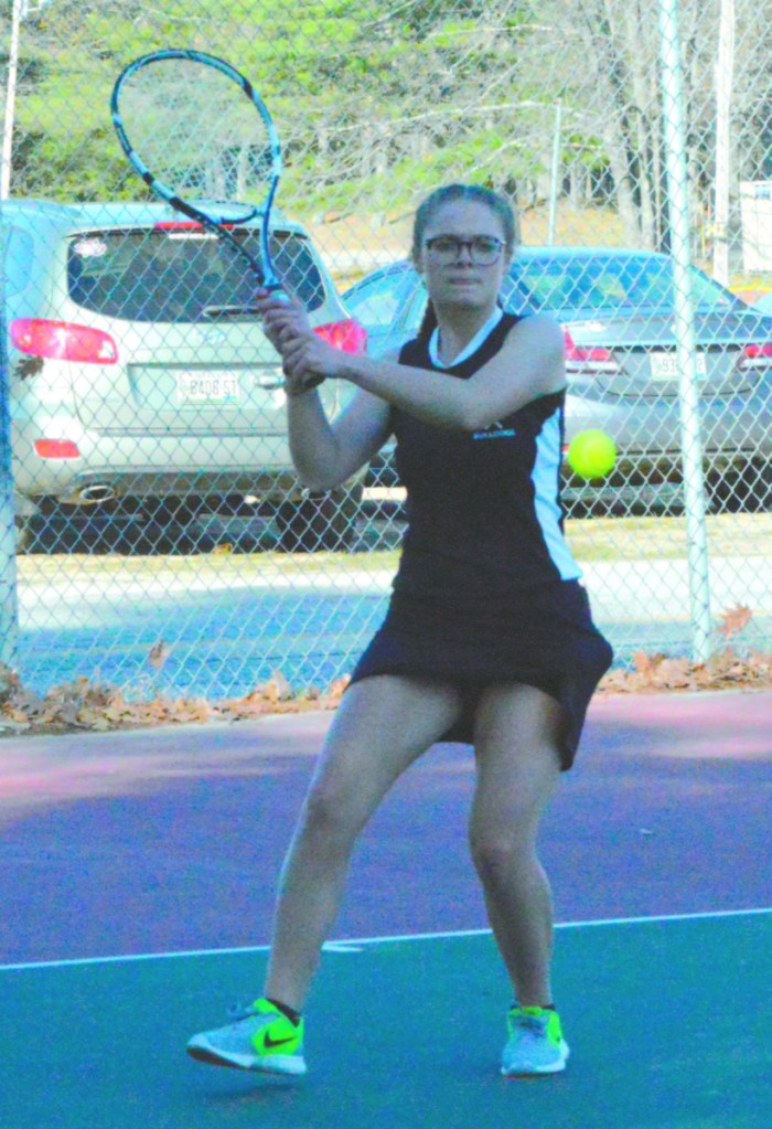 Hall-Dale's Maggie Gross returns a shot during a match Wednesday. Gross beat Lisbon's Vanessa Wasilewski 10-7 in the Bulldog's 5-0 win over the Greyhounds.