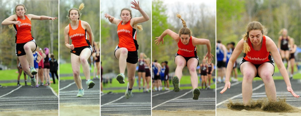 Skowhegan's Anissa McGann completes a triple jump during a track and field meet Thursday at Erskine Academy in South China.