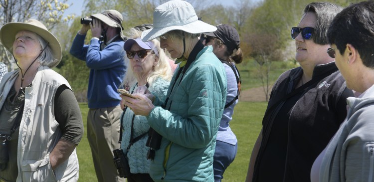 Cheryl Ring, center, takes note of birds she sighted Sunday at the Viles Arboretum in Augusta during training on how to gather data on avian species for the Maine Bird Atlas.