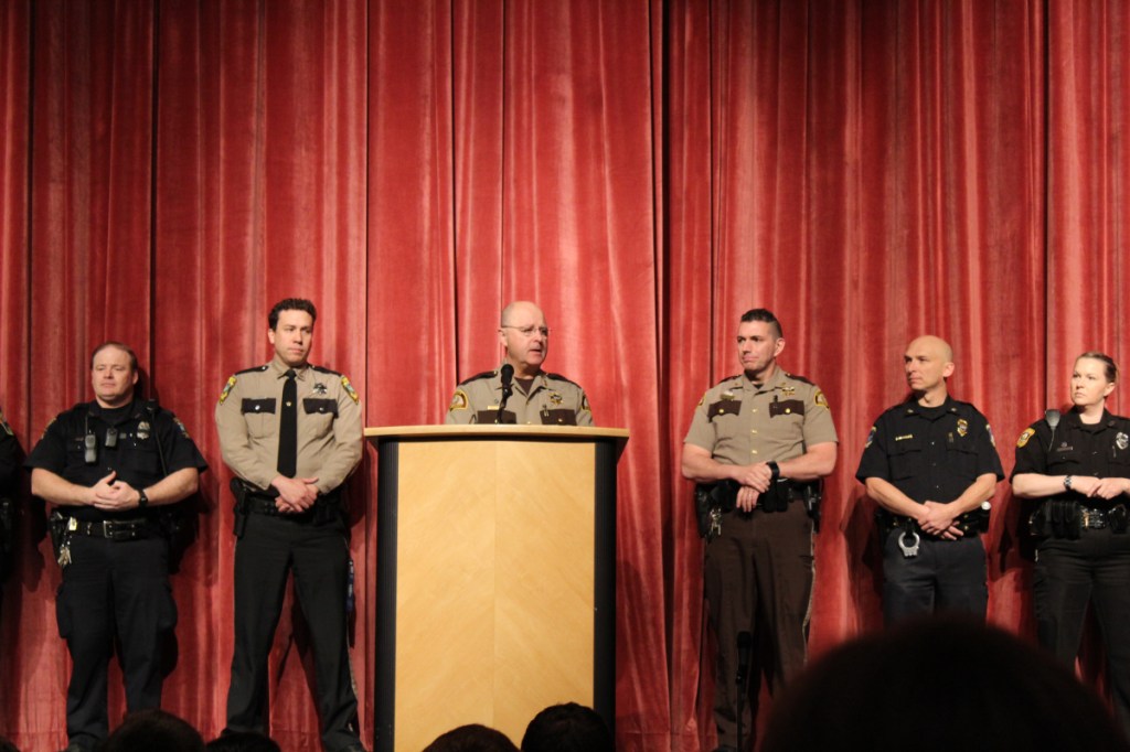 Law enforcement officers present at Lawrence High School's appreciation assembly, from left, were Officer Dave Daignault, Skowhegan Police Department, School Administrative District School Resource Officer; Deputy Jeremy Day, Somerset County Sheriff, School Administrative District 49 School Resource Officer; Somerset County Sheriff Dale Lancaster; Deputy Mike Pike, Somerset County Sheriff; Officer William Bonney, Waterville Police Department; and Officer Shanna Blodgett, Fairfield Police Department.
