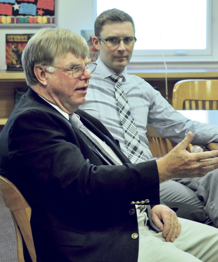 Superintendent Brent Colbry, left, pictured here with Skowhegan Middle School Principal Zach Longyear in May 2016, said the overall proposed budget for School Administrative District 54 is up, but with cuts and a new state subsidy, projected local appropriations are about $96,000 less than the current year's.