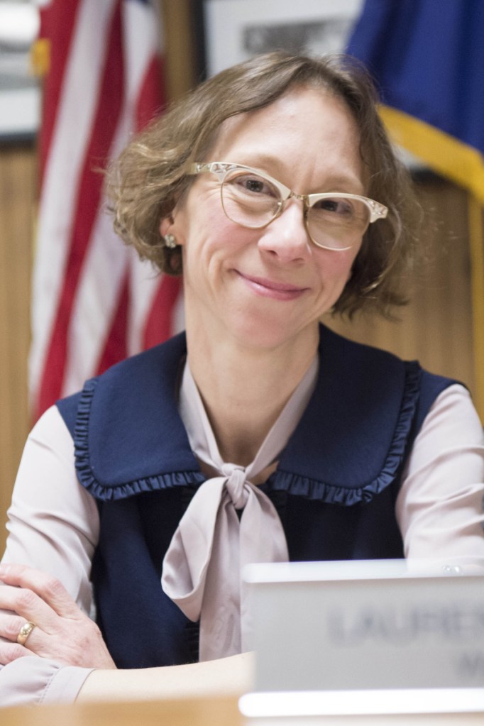 Councilor Lauren Lessing takes part in a City Council meeting April 3 in Waterville.