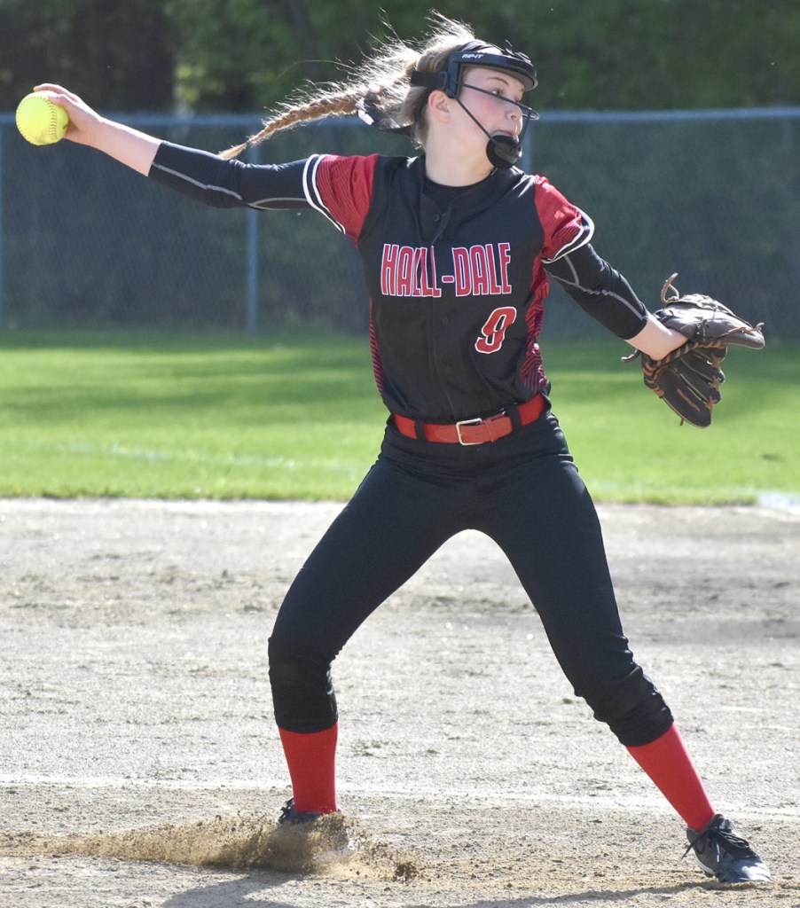 Hall-Dale freshman pitcher Sarah Benner goes through her delivery during a loss Wednesday to Oak Hill in Wales.