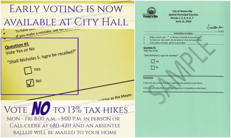 This composite image shows the graphic Waterville Mayor Nick Isgro posted on his Facebook page (left), implying a vote for his recall is a vote to approve a citywide tax hike, and a sample copy of the ballot for his recall (right), as provided by the city of Waterville.