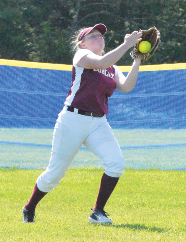 Times Record photo by Bob Conn 
 Richmond's Ashley Brown catches a fly ball off the bat of Sacopee Valley's Breanna Humphrey on Monday in Richmond.