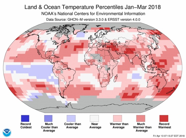 A graphic shows land and ocean temperatures from January to March of this year.