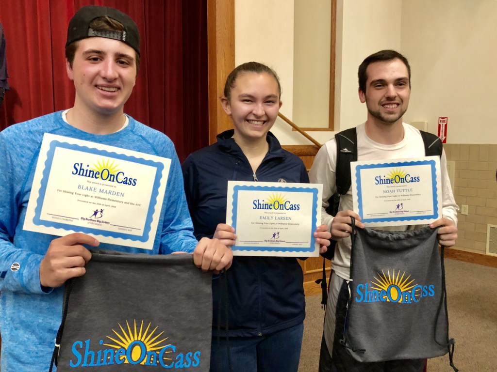 Messalonskee High School 2018 Big Brothers Big Sisters of Mid-Maine ShineOnCass Mentoring Award recipients, from left, are Blake Marden, Emily Larsen and Noah Tuttle.
