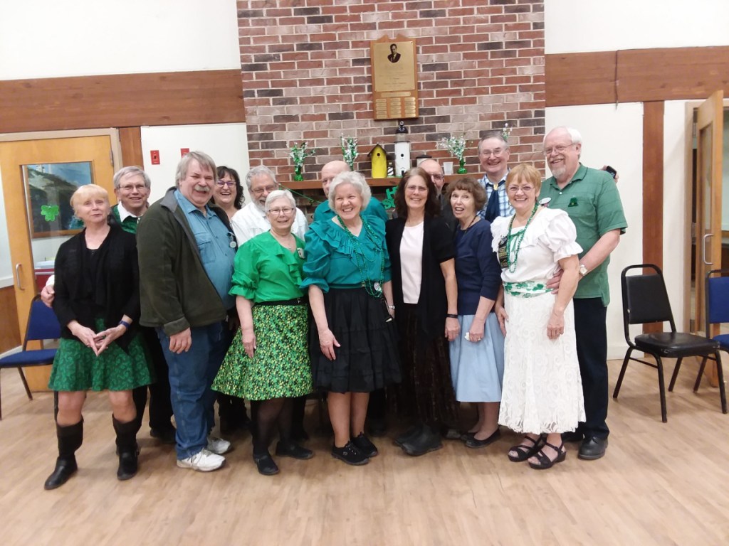 Couples from New Sharon (Friendship Square Dance Club of Farmington), Newport and Fairfield (Central Maine Square Dance Club of Waterville), Monmouth (Squire Town Squares of Winthrop), Oxford (Swinging Bears Square Dance Club of South Paris), Richmond and Ellsworth attended the square dancing weekends. Front, from left, are Steve and Ellie Saunders, Ellie Mulcahy, Nanci Temple, Margaret Carter, Cindy Fairfield and Bob Brown. Back, from left, are Steve Harris, Milton and Charlotte Sinclair, Dave Mulcahy, Larry Hillman, Fred Temple, Kathleen Hillman, Wes and Sue Burgess, and Bruce Carter.
