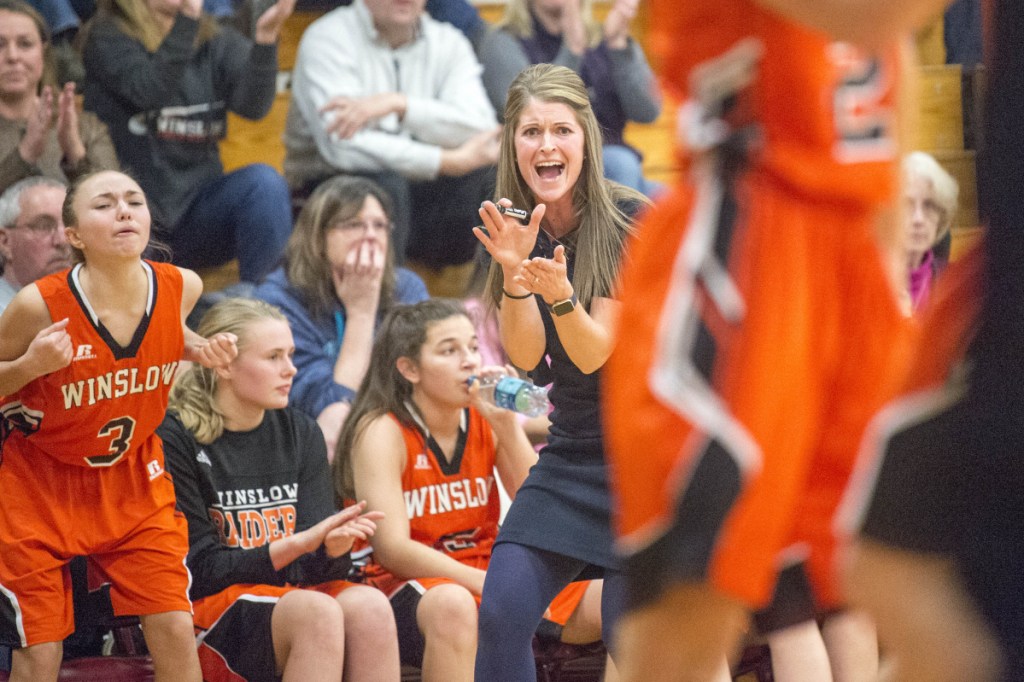 Winslow head coach Lindsey Withee cheers on her team as they play against Maine Central Institute in a Kennebec Valley Athletic Conference Class B game last season in Pittsfield. Withee resigned from her post Wednesday.