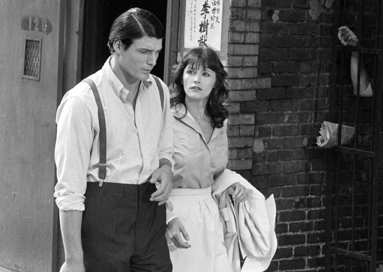 Christopher Reeve and Margot Kidder appear during the filming of "Superman" in New York's Lower East Side in July 1977. Kidder, who starred as Lois Lane in the “Superman” film franchise of the late 1970s and early 1980s, died Sunday. 