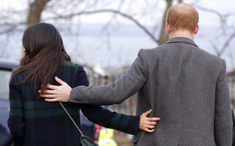 Britain's Prince Harry and fiancée Meghan Markle arrive at Edinburgh Castle in Edinburgh, Scotland.  on Feb. 13, 2018.