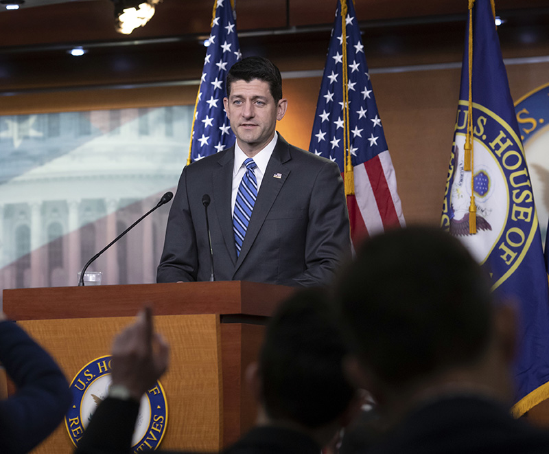 Speaker of the House Paul Ryan, R-Wis., promotes this year's renewal of the farm bill during a news conference on Capitol Hill in Washington, Thursday, May 17, 2018. GOP leaders have crafted the bill as a measure for tightening work and job training requirements for food stamps. (AP Photo/J. Scott Applewhite)