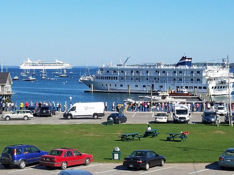 Cruise ships occupy Rockland Harbor in 2017. A group presented the City Council with a petition calling for regulation of the largest cruise ships.
