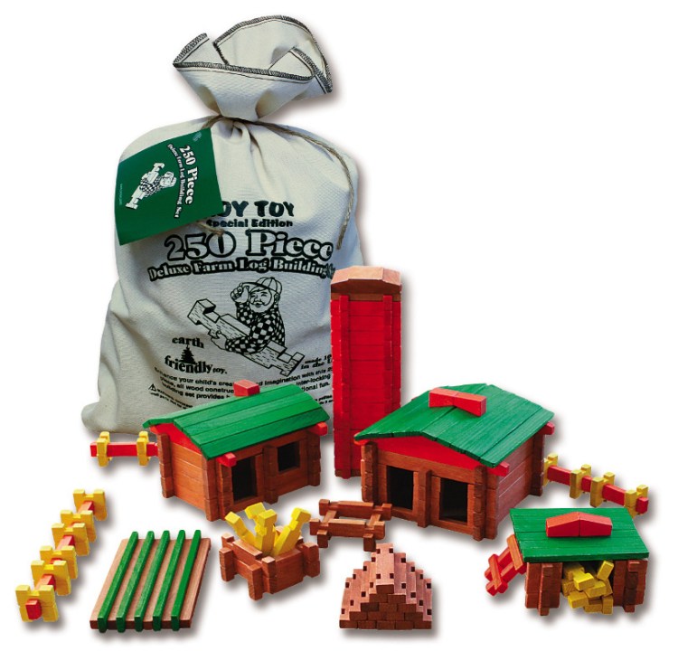 The log building sets are meant for ages 3 and up, and the sets work together – so a zealous builder could construct a whole town.